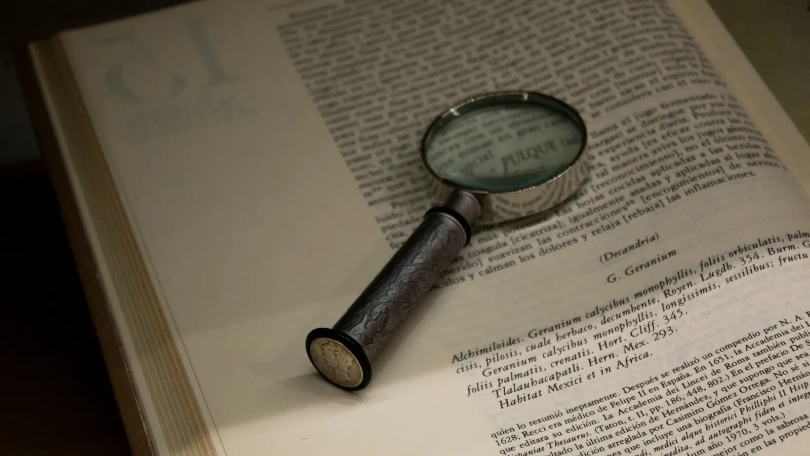 Loupe posée sur les pages d'un livre ouvert