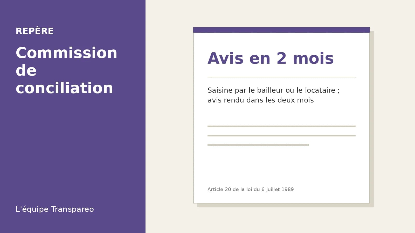 Illustration Transpareo : Avis en 2 mois, Saisine par le bailleur ou le locataire ; avis rendu dans les deux mois (Article 20 de la loi du 6 juillet 1989)