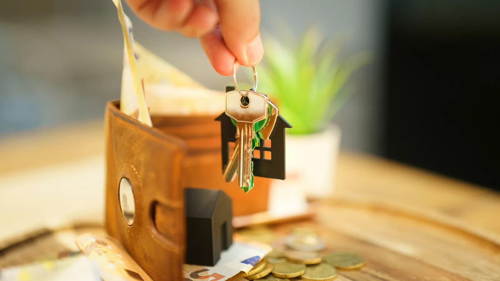 Main tenant des clés à porte-clés maison au-dessus d'un portefeuille et de pièces en euros