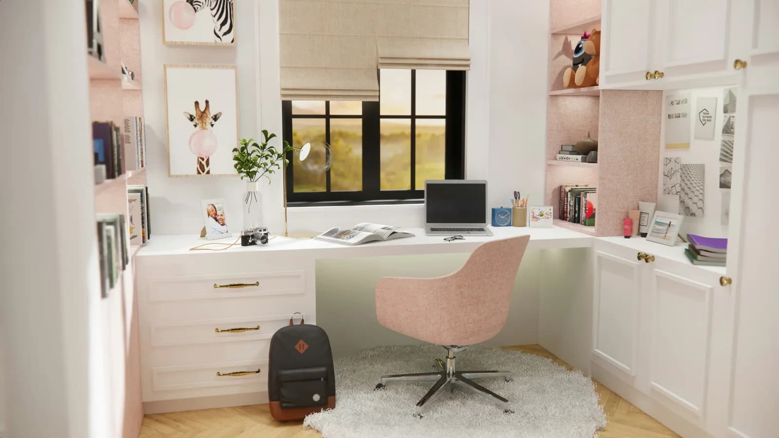 Image de synthèse d'un coin bureau d'étudiant avec chaise et étagères
