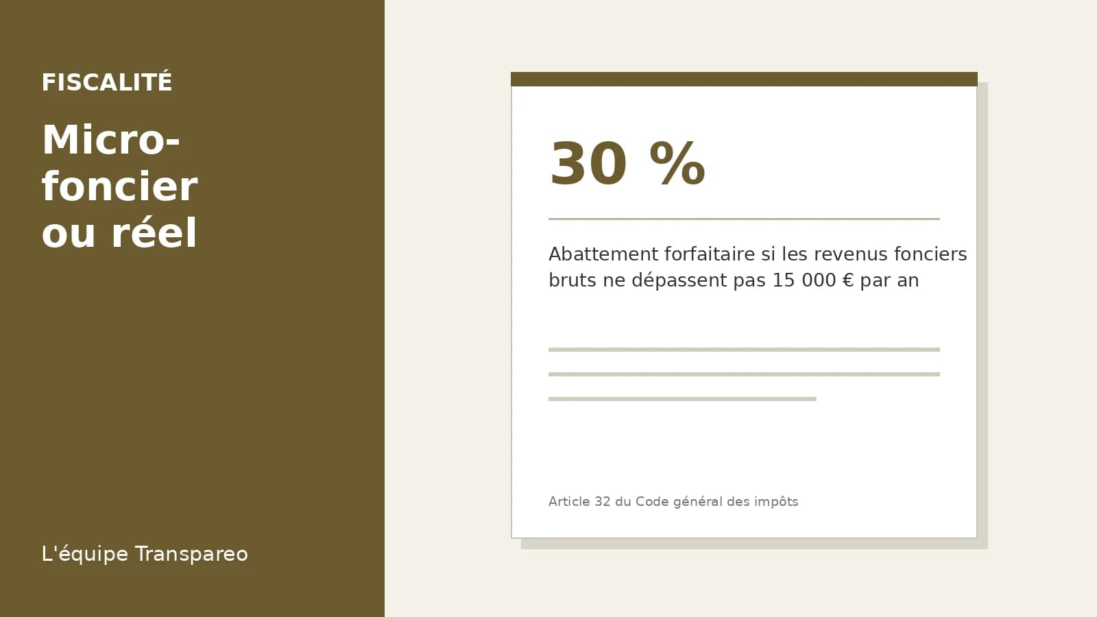 Illustration Transpareo : 30 %, Abattement forfaitaire si les revenus fonciers bruts ne dépassent pas 15 000 € par an (Article 32 du Code général des impôts)