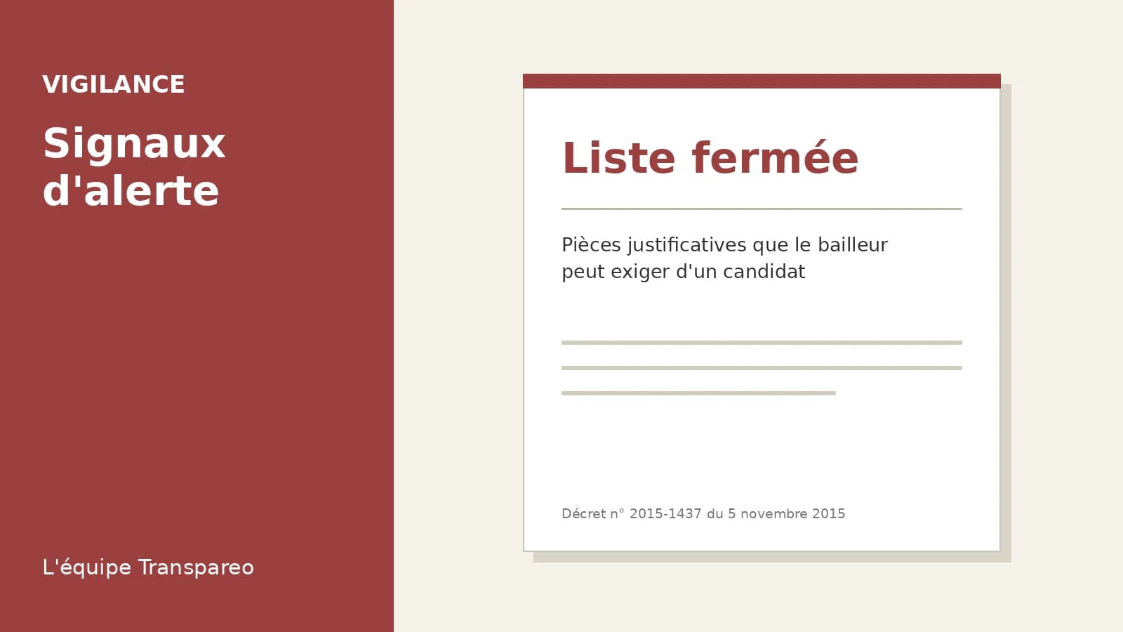 Illustration Transpareo : Liste fermée, Pièces justificatives que le bailleur peut exiger d'un candidat (Décret n° 2015-1437 du 5 novembre 2015)