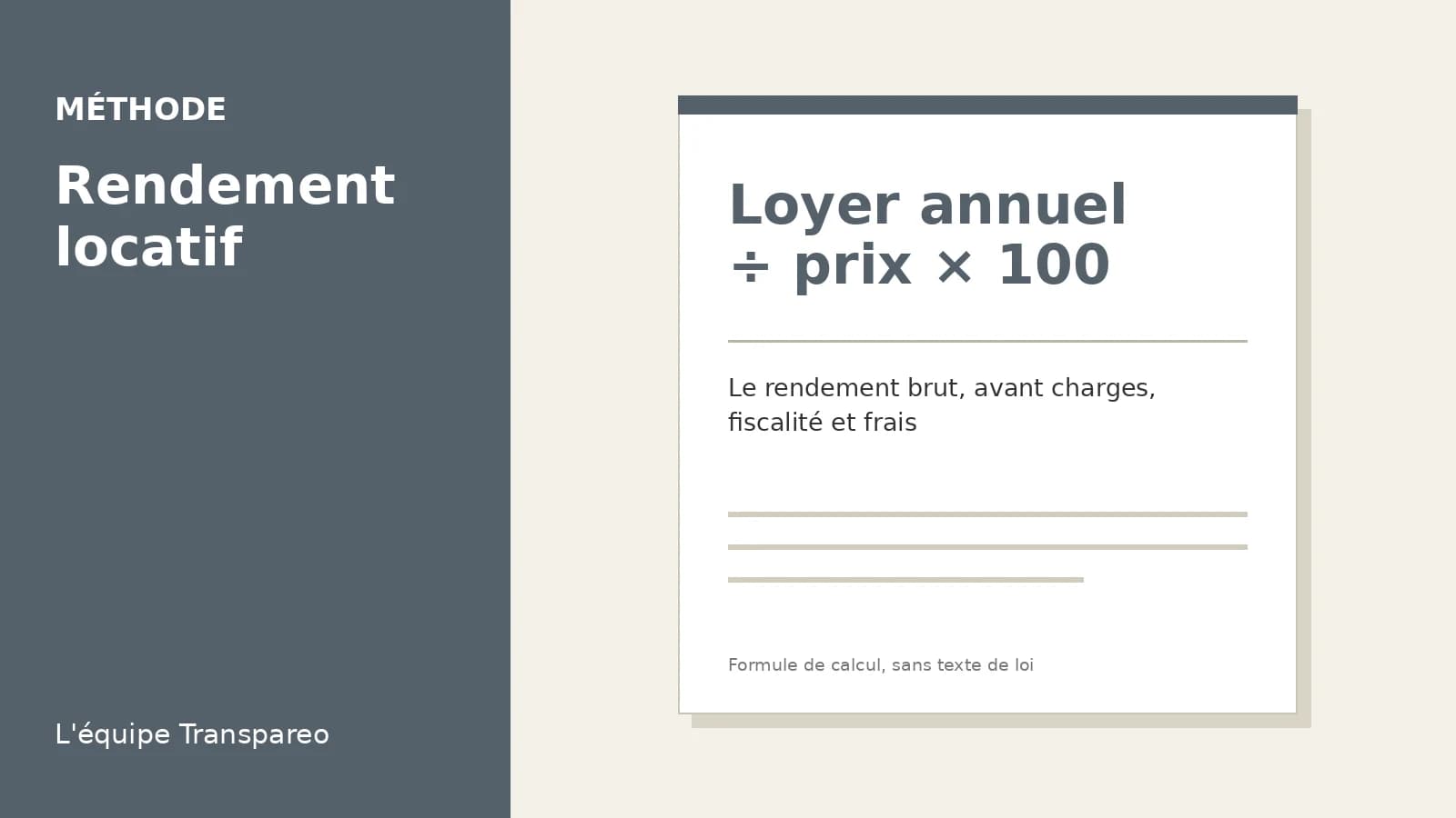 Illustration Transpareo : Loyer annuel ÷ prix × 100, Le rendement brut, avant charges, fiscalité et frais (Formule de calcul, sans texte de loi)